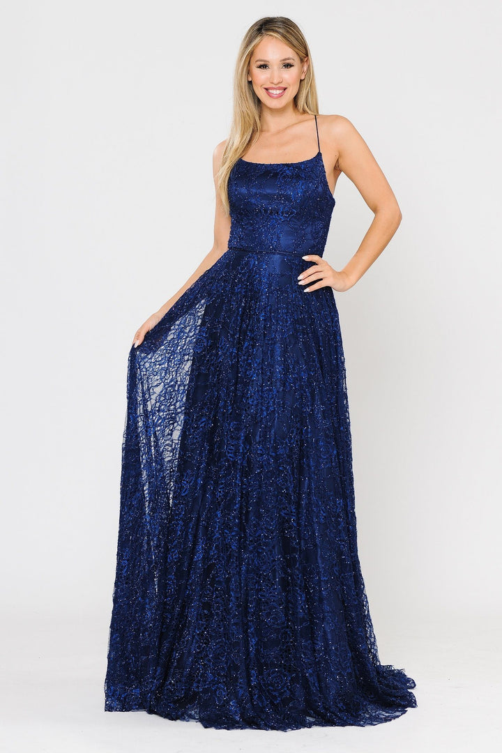 Long Glitter Lace Dress with Corset Back by Poly USA 8592