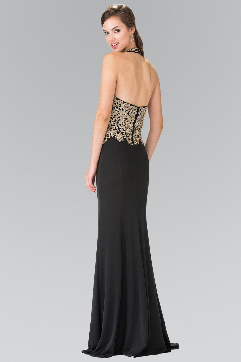 Long Gold Embroidered Halter Dress by Elizabeth K GL2231-Long Formal Dresses-ABC Fashion