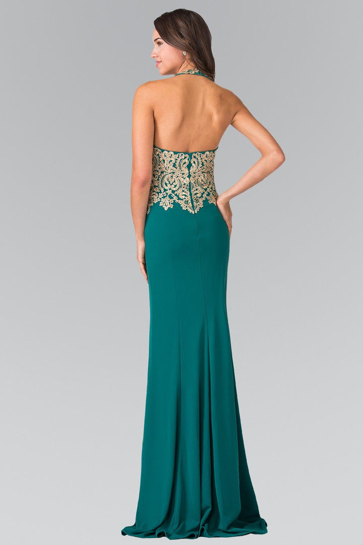 Long Gold Embroidered Halter Dress by Elizabeth K GL2231-Long Formal Dresses-ABC Fashion