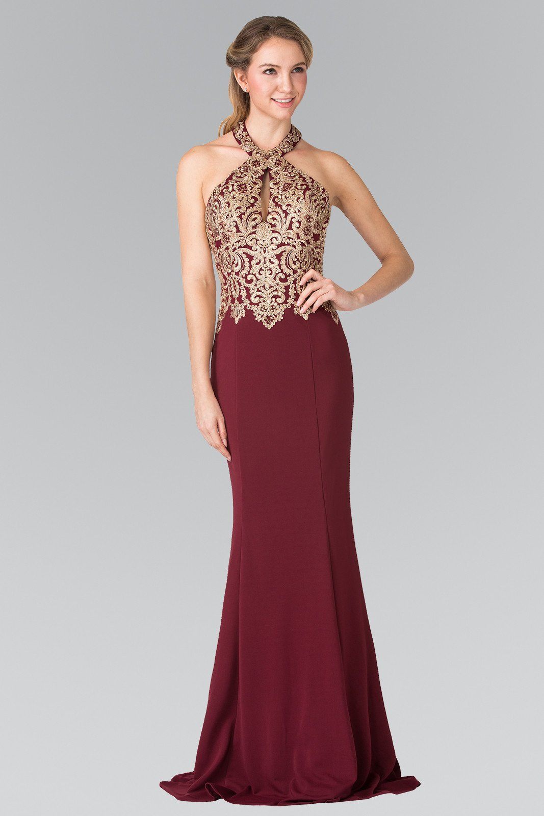 Long Gold Embroidered Halter Dress by Elizabeth K GL2231-Long Formal Dresses-ABC Fashion