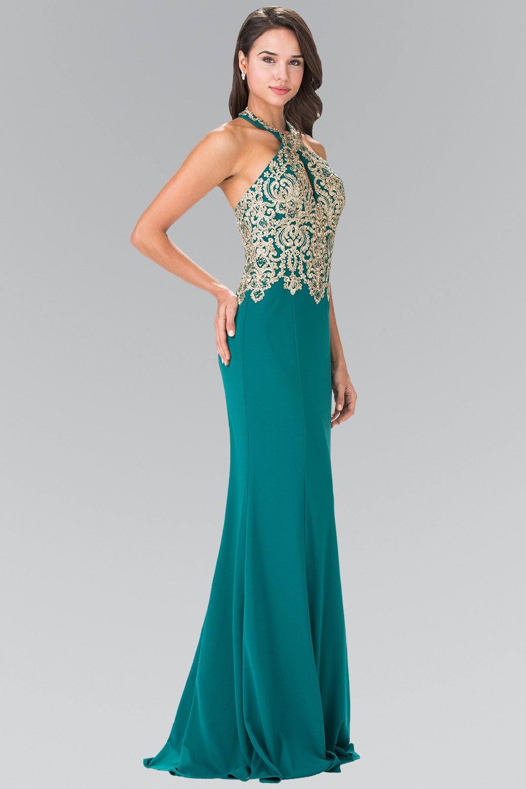 Long Gold Embroidered Halter Dress by Elizabeth K GL2231-Long Formal Dresses-ABC Fashion