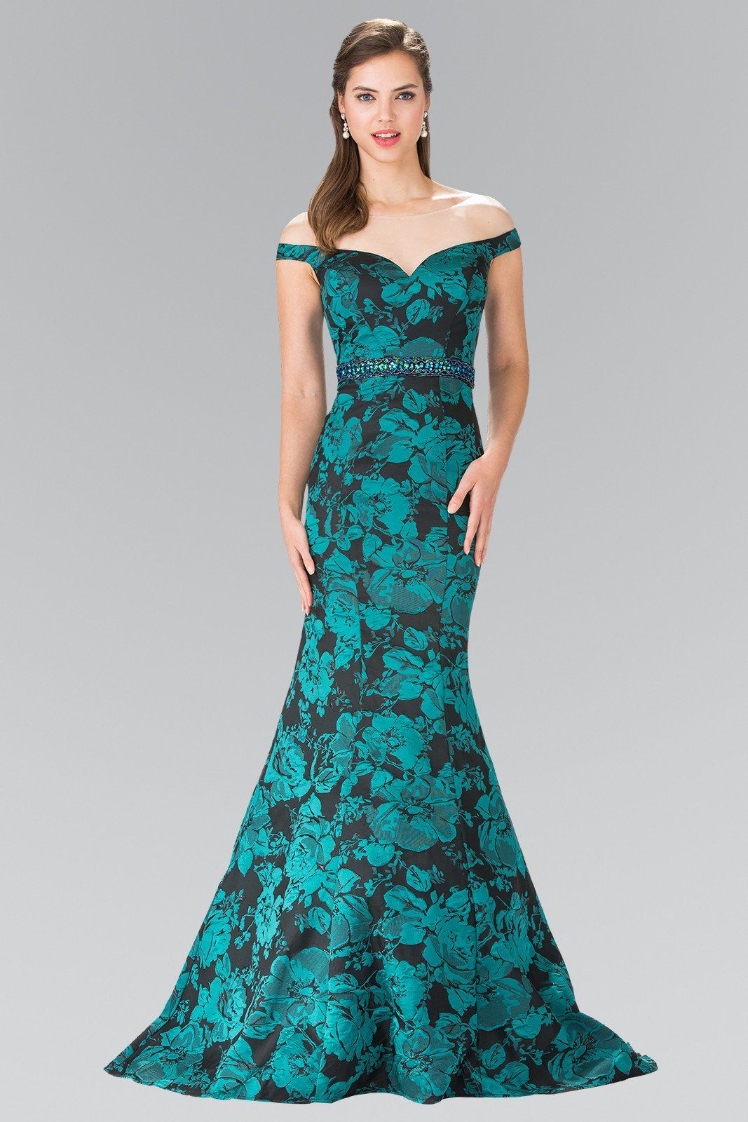 Long Green Floral Print Off The Shoulder Dress by Elizabeth K GL2245-Long Formal Dresses-ABC Fashion