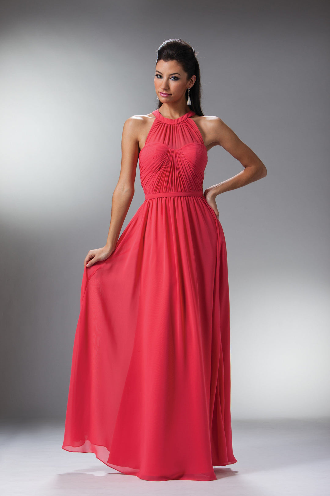 Long Halter Dress with Gathered Bodice by Cinderella Divine 1469-Long Formal Dresses-ABC Fashion
