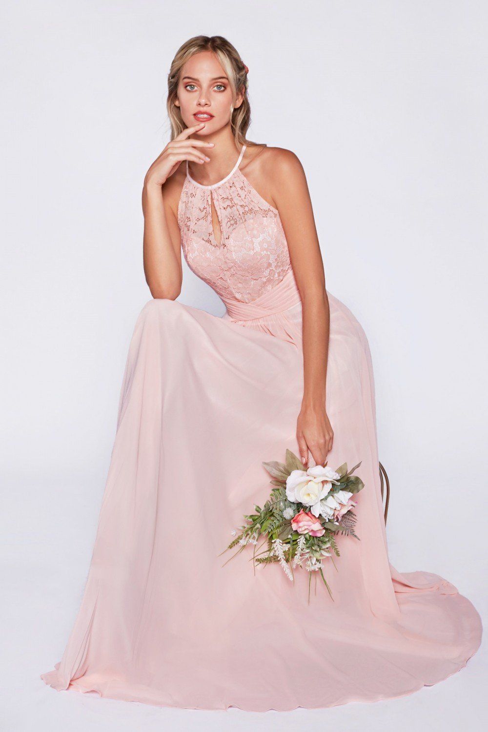 Long Halter Dress with Lace Bodice by Cinderella Divine CJ228-Long Formal Dresses-ABC Fashion