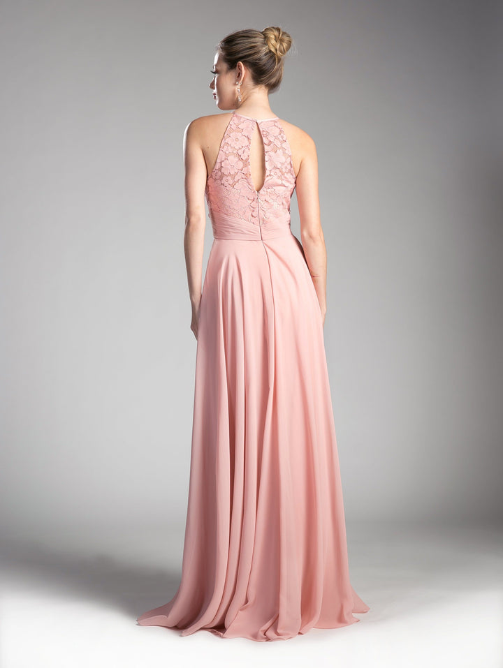 Long Halter Dress with Lace Bodice by Cinderella Divine CJ228-Long Formal Dresses-ABC Fashion