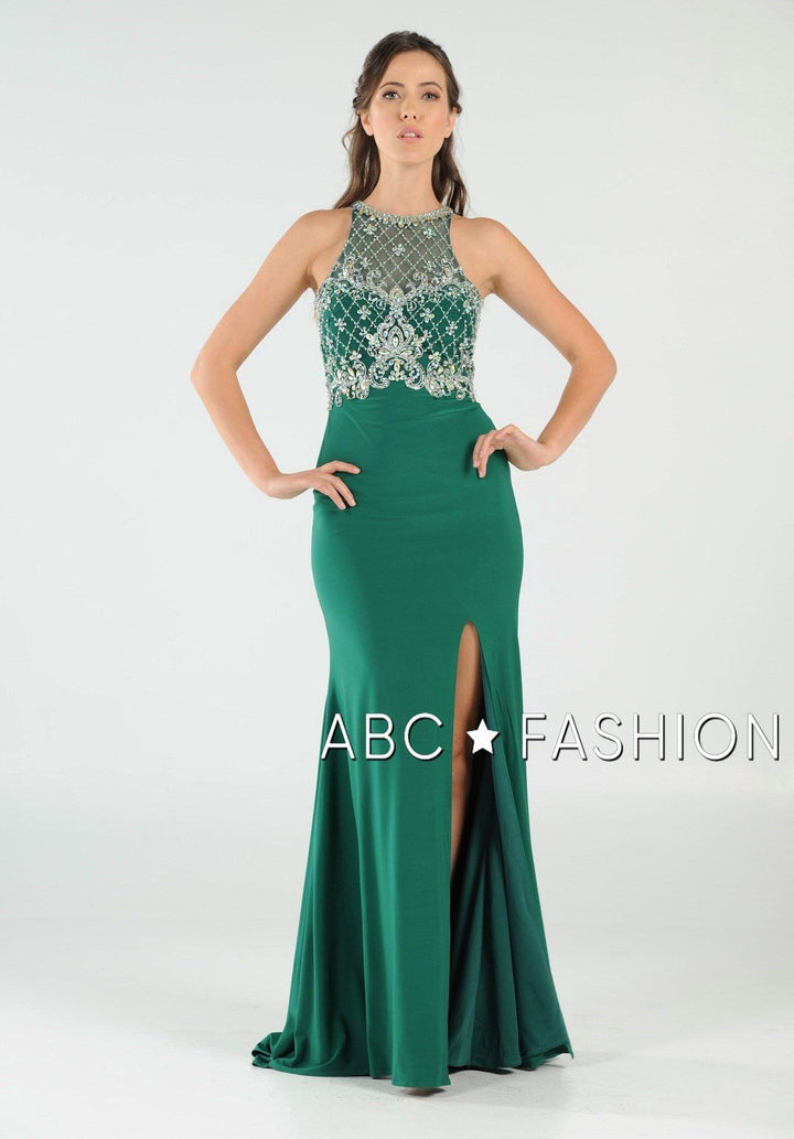 Long High Neck Dress with Embellished Bodice by Poly USA 7102-Long Formal Dresses-ABC Fashion
