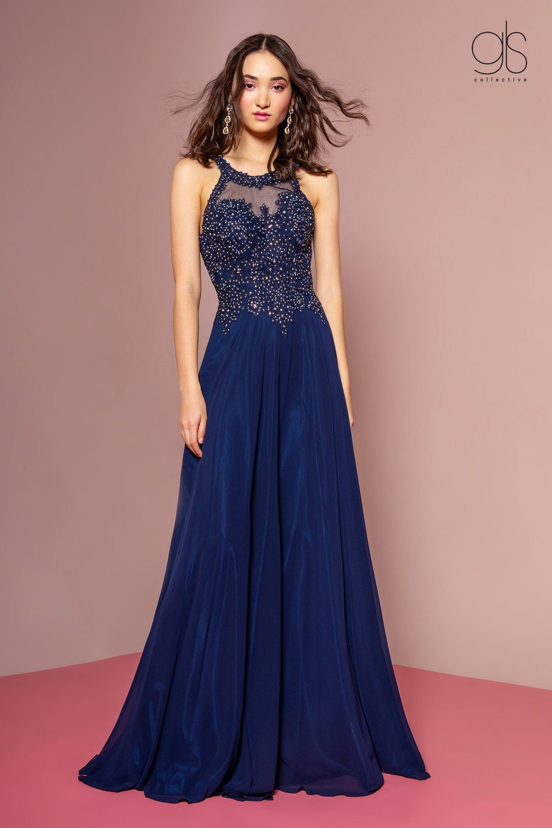 Long High Neck Dress with Sheer Applique Top by Elizabeth K GL2690-Long Formal Dresses-ABC Fashion