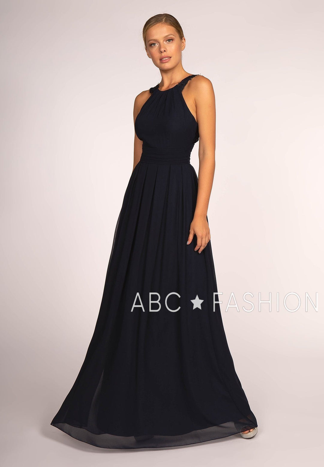 Long High-Neck Halter Dress with Lace Details by Elizabeth K GL2605-Long Formal Dresses-ABC Fashion