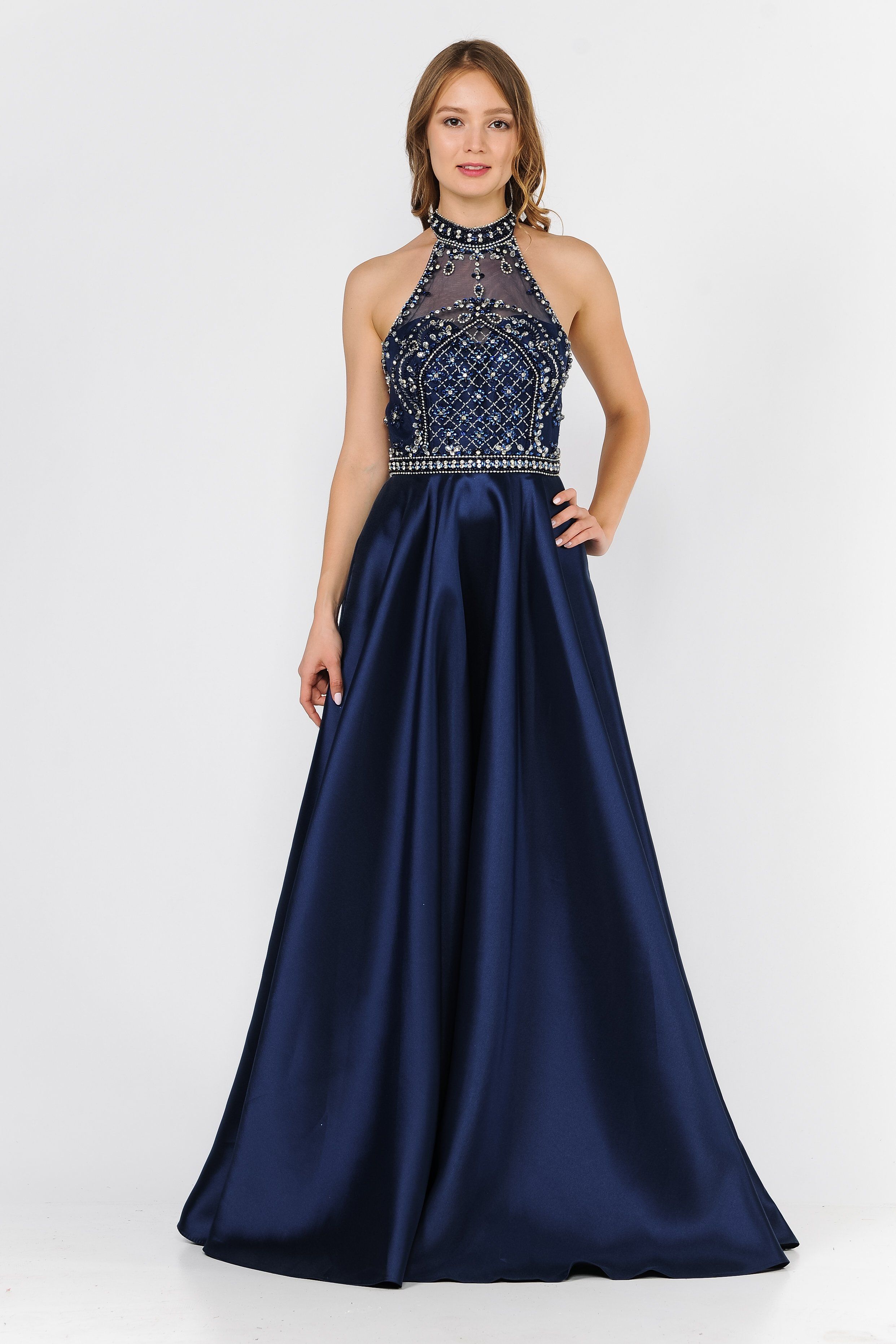 Long High-Neck Illusion Dress with Beaded Bodice by Poly USA 8344 S / Navy