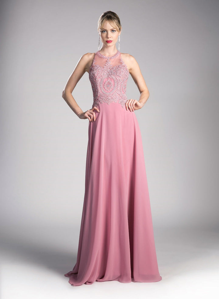 Long Illusion Dress with Appliqued Bodice by Cinderella Divine UJ0120-Long Formal Dresses-ABC Fashion