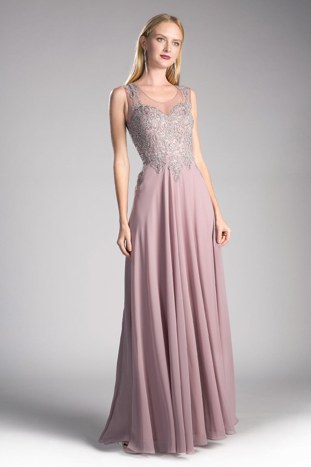 Long Illusion Dress with Beaded Embroidery by Cinderella Divine 2635-Long Formal Dresses-ABC Fashion
