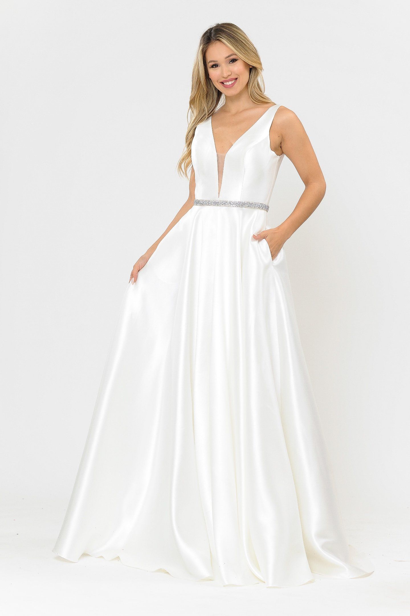 Poly USA 8682 Long Illusion V-Neck Mikado Dress main image 1