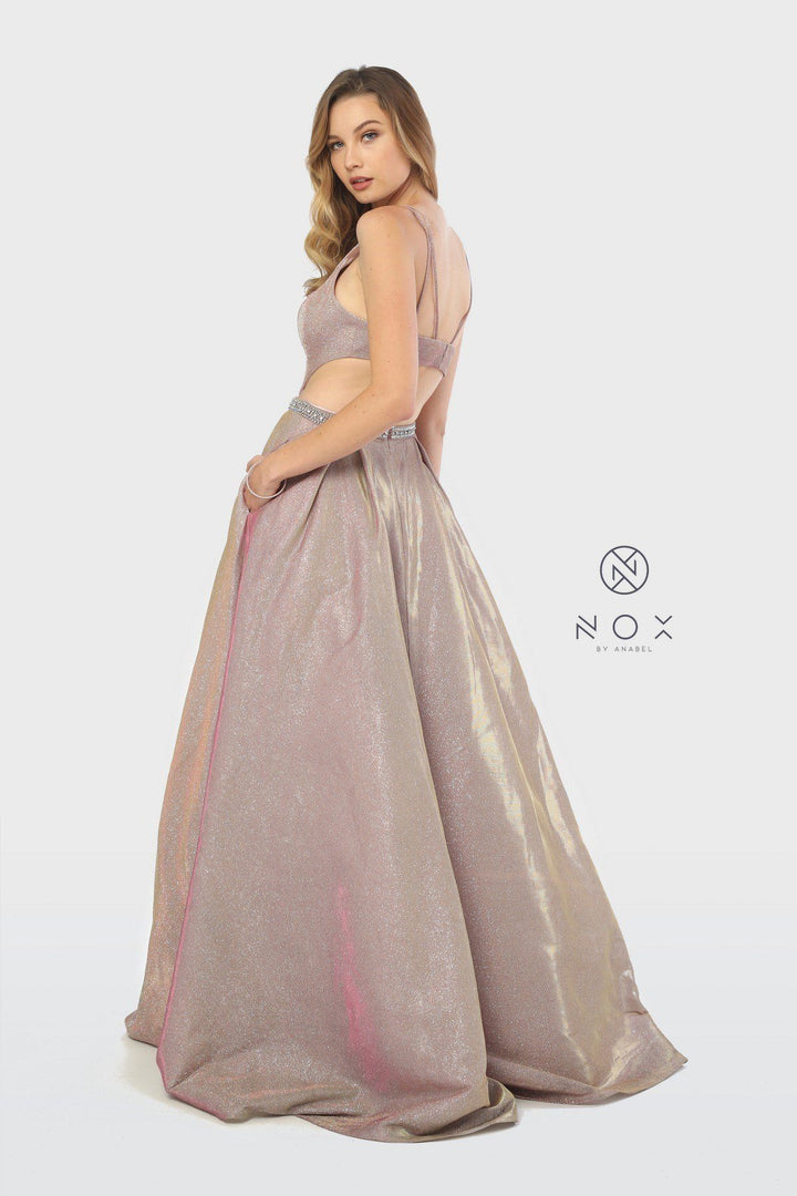 Long Iridescent Glitter Dress with Cut Outs by Nox Anabel E245-Long Formal Dresses-ABC Fashion