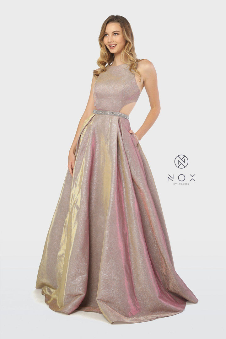 Long Iridescent Glitter Dress with Cut Outs by Nox Anabel E245-Long Formal Dresses-ABC Fashion