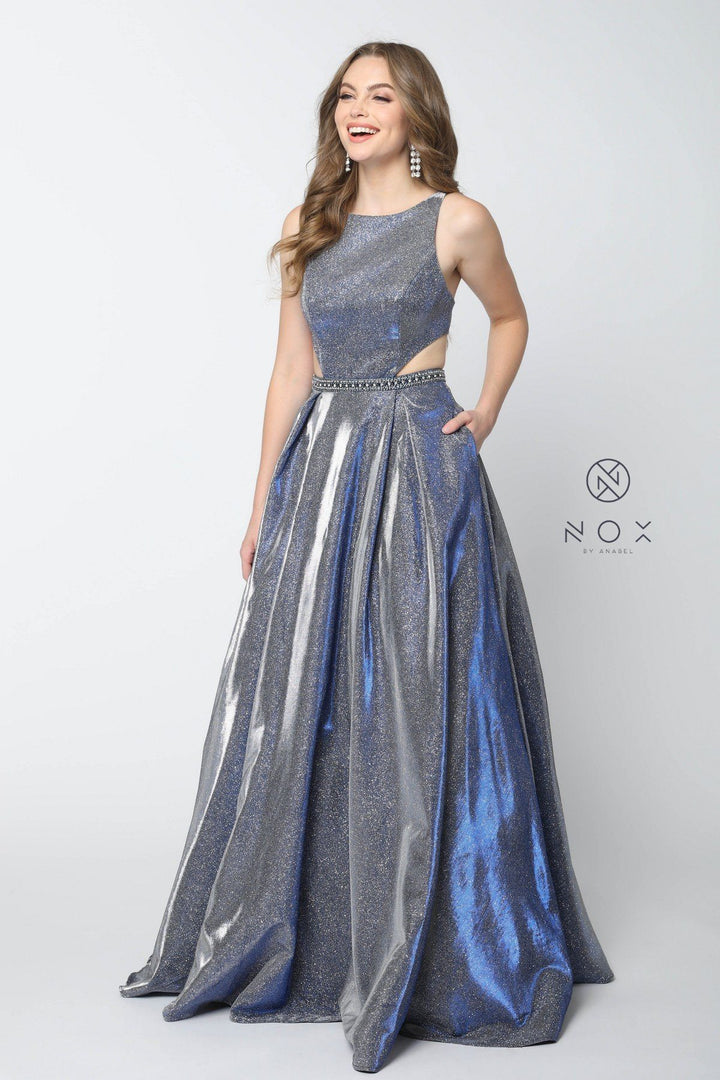 Long Iridescent Glitter Dress with Cut Outs by Nox Anabel E245-Long Formal Dresses-ABC Fashion