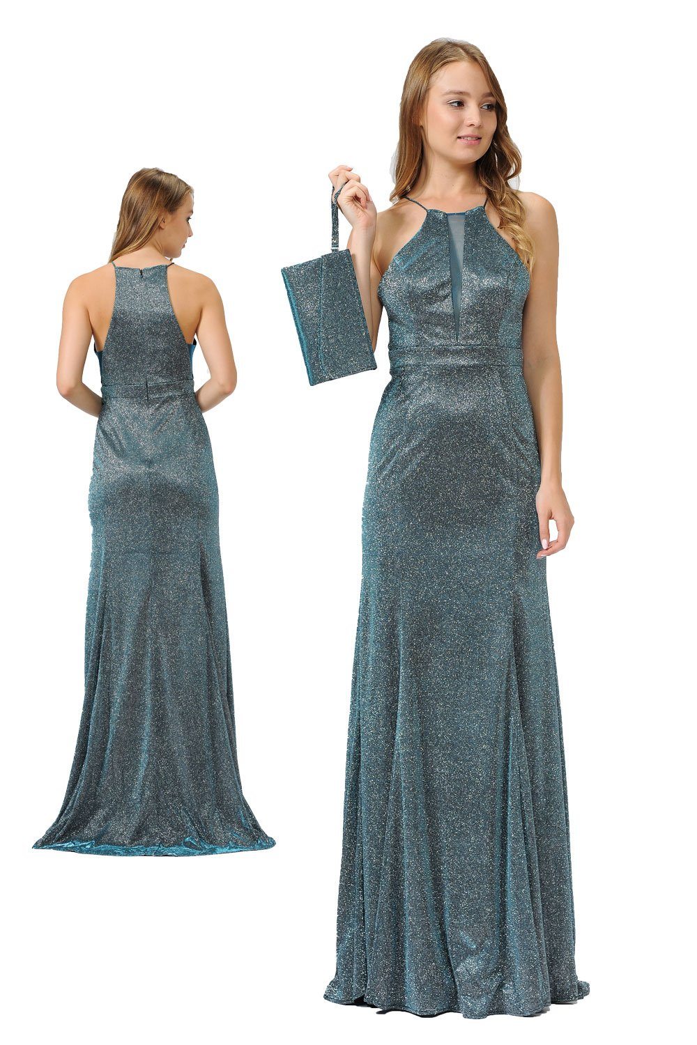 Long Iridescent Glitter High-Neck Dress by Poly USA 8382-Long Formal Dresses-ABC Fashion