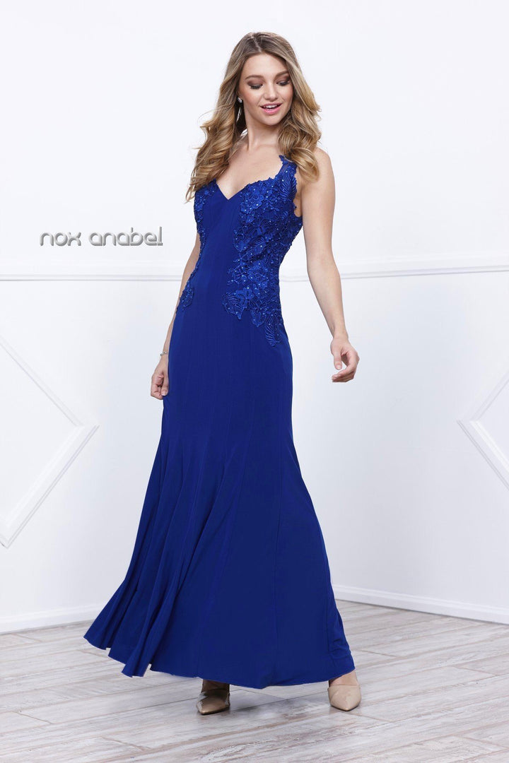 Long Jersey Dress with Lace Accent by Nox Anabel 8258-Long Formal Dresses-ABC Fashion