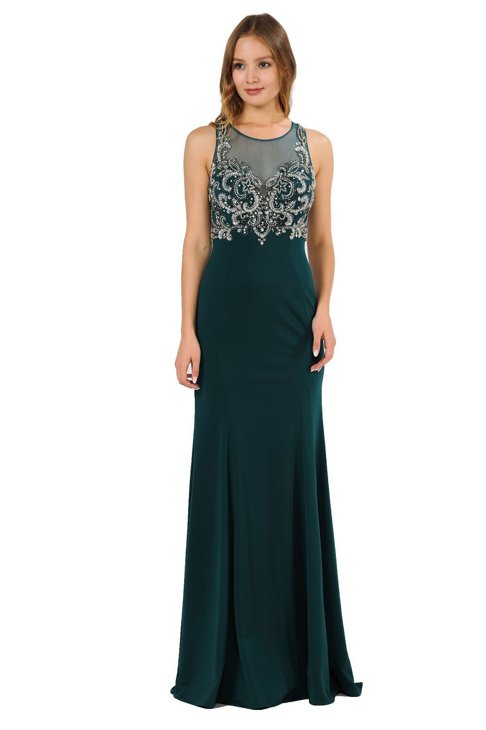 Long Jersey Dress with Sheer Embroidered Bodice by Poly USA 8348 S / Green