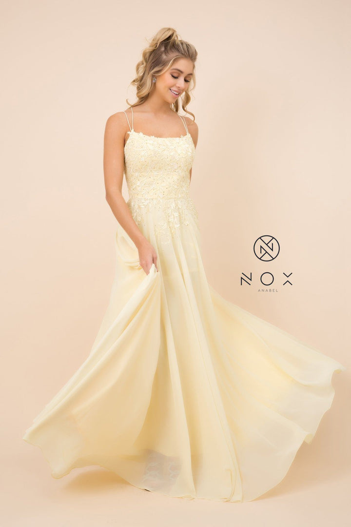 Long Lace Applique Dress with Corset Back by Nox Anabel C414