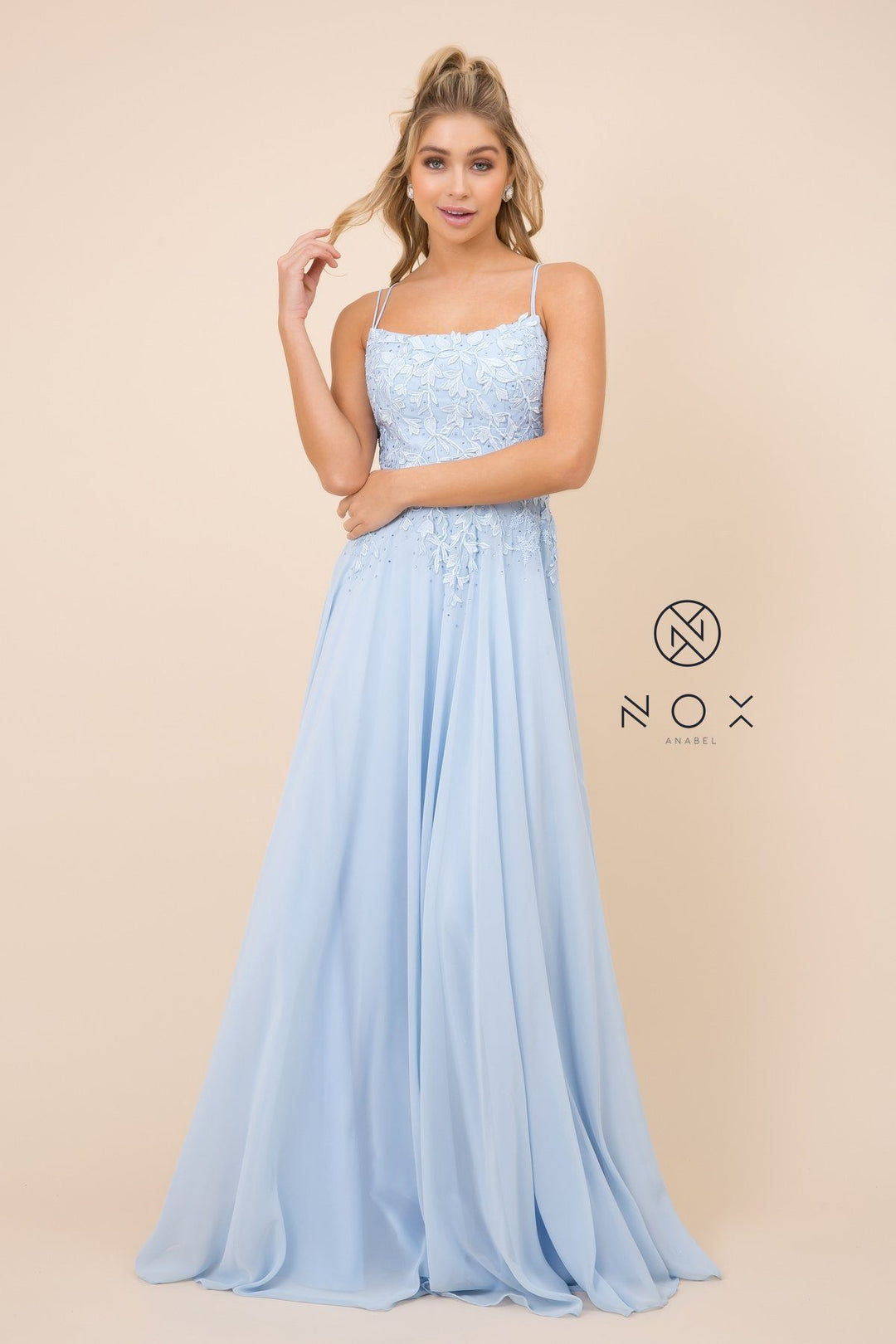 Long Lace Applique Dress with Corset Back by Nox Anabel C414