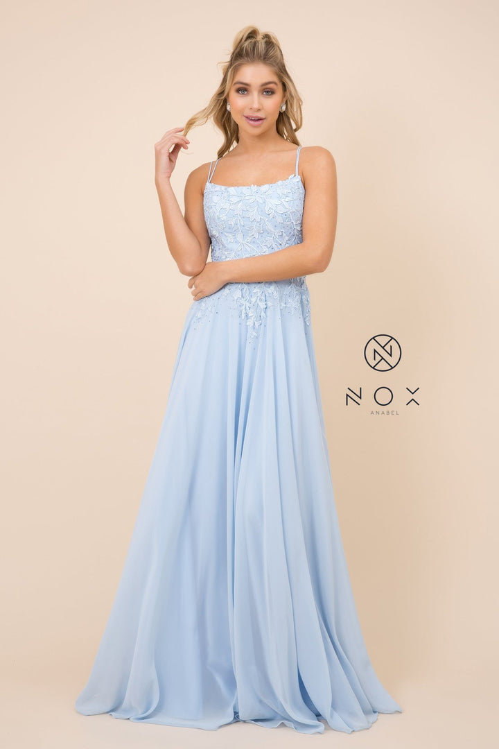 Long Lace Applique Dress with Corset Back by Nox Anabel C414