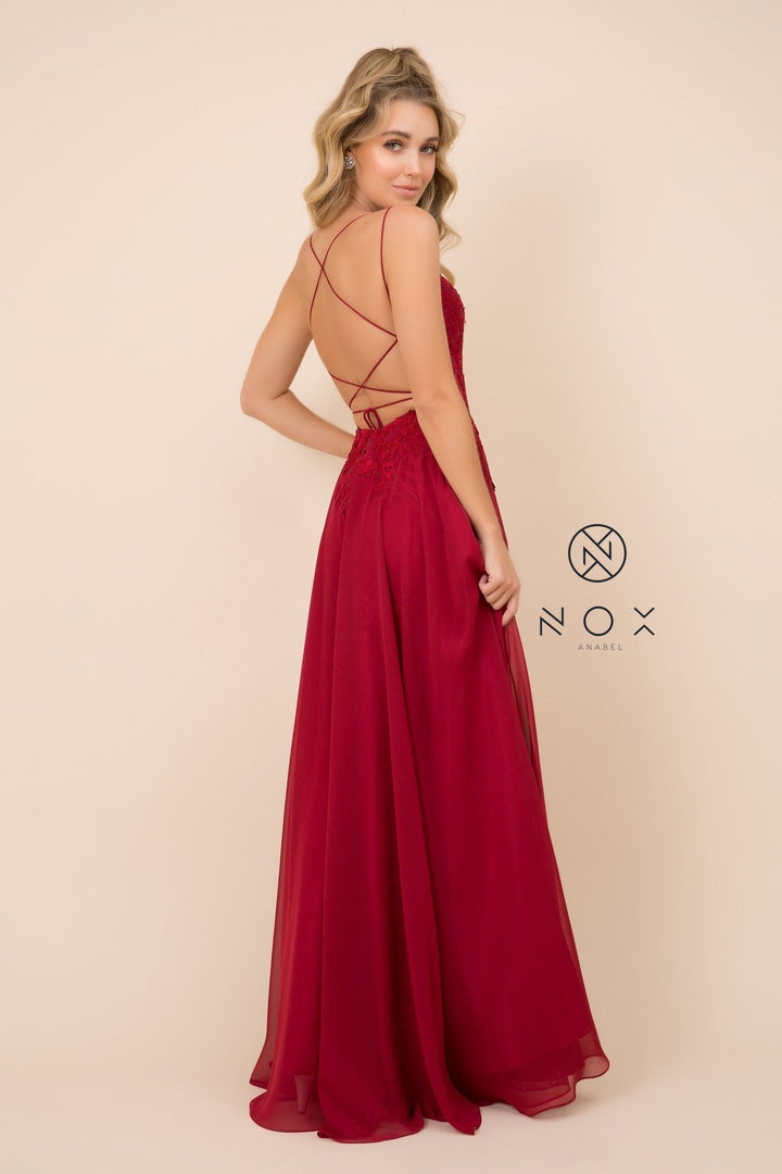 Long Lace Applique Dress with Corset Back by Nox Anabel C414