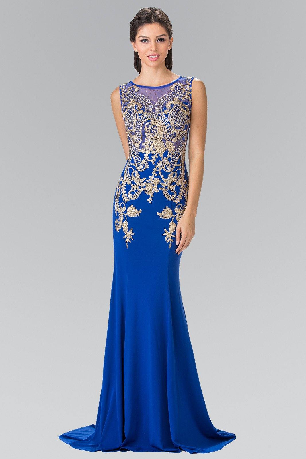 Long Lace Appliqued Dress with Sheer Bodice by Elizabeth K GL2230-Long Formal Dresses-ABC Fashion