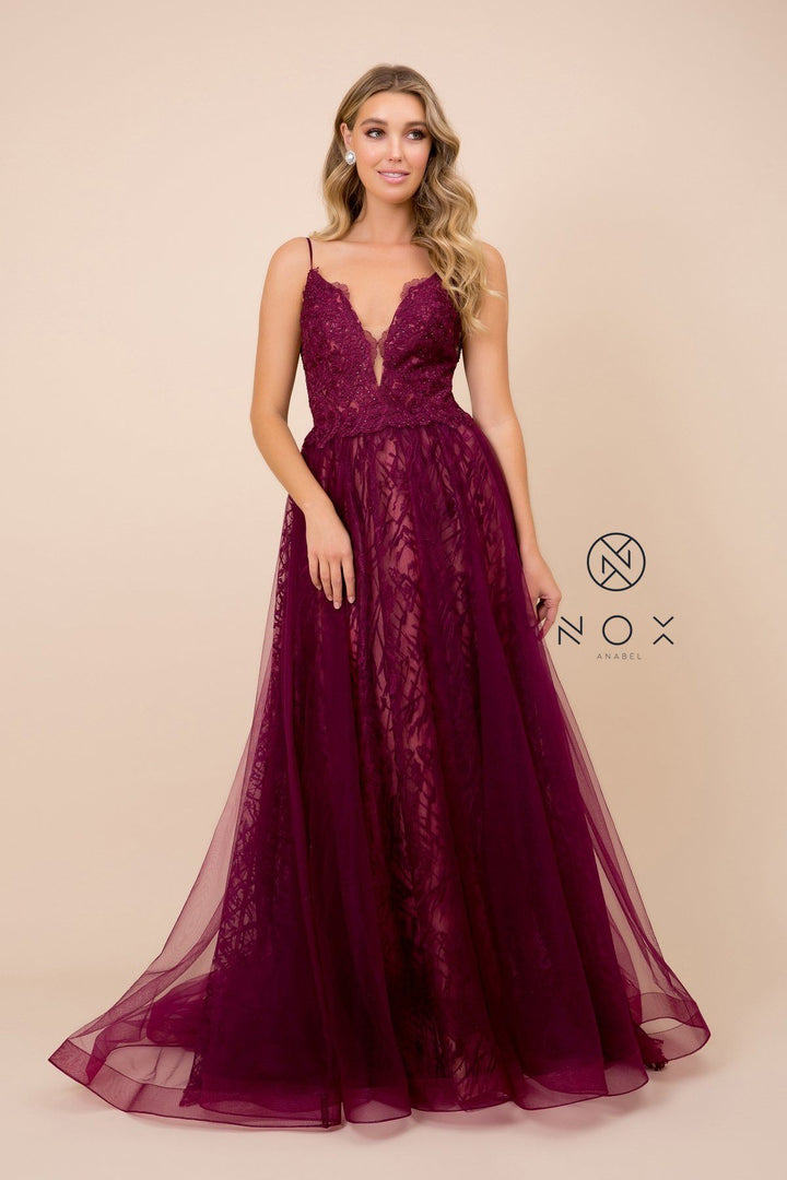 Long Lace Bodice Illusion Dress by Nox Anabel C305