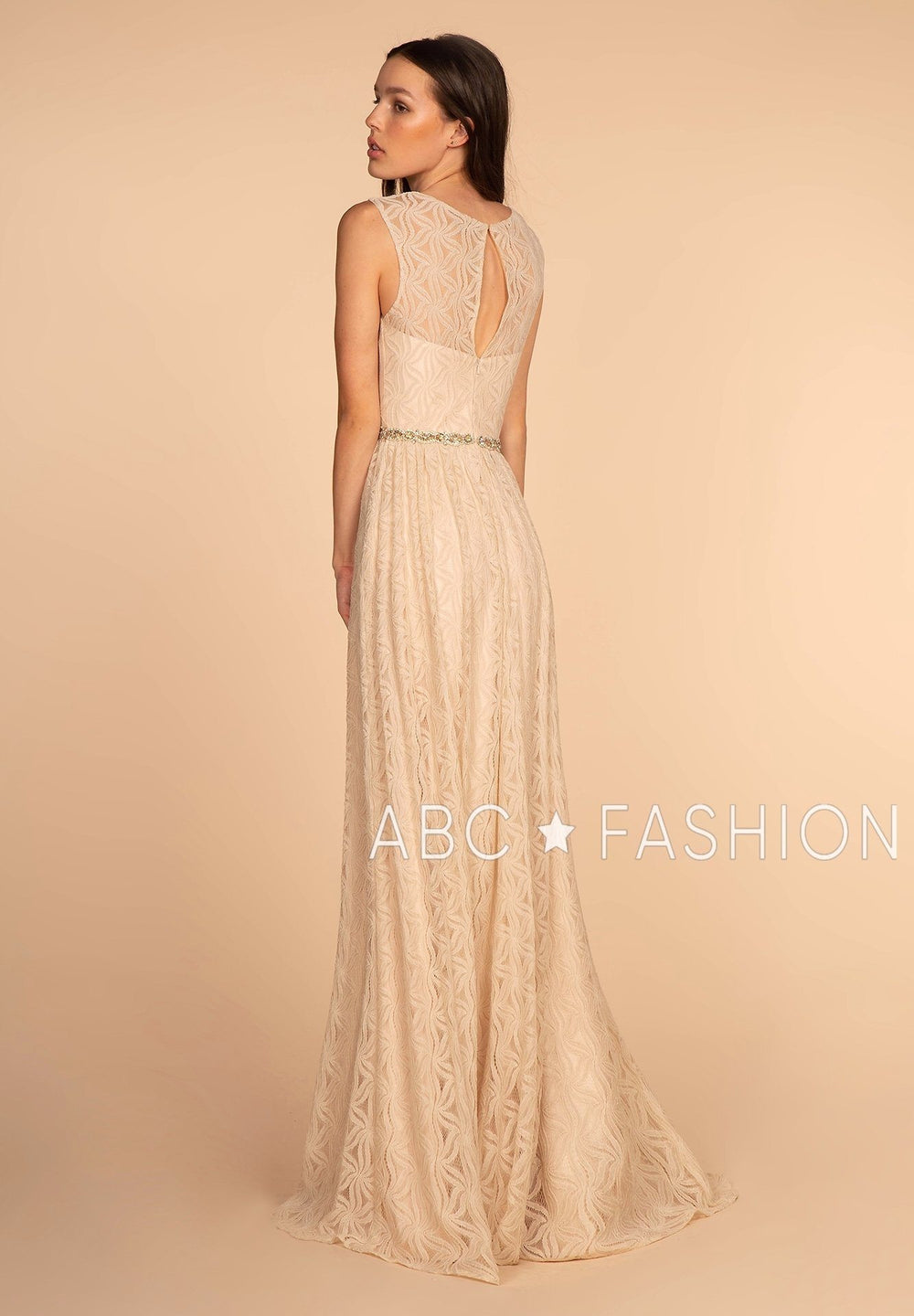 Long Lace Dress with Jeweled Waistband by Elizabeth K GL2611-Long Formal Dresses-ABC Fashion