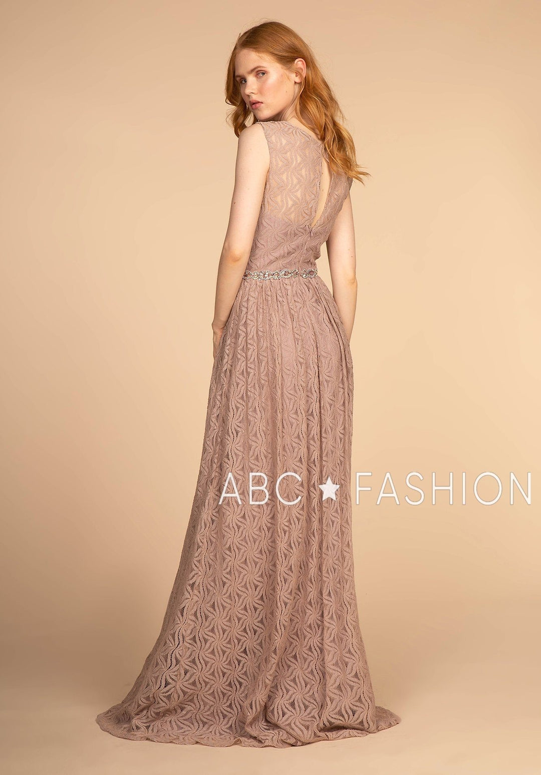 Long Lace Dress with Jeweled Waistband by Elizabeth K GL2611-Long Formal Dresses-ABC Fashion