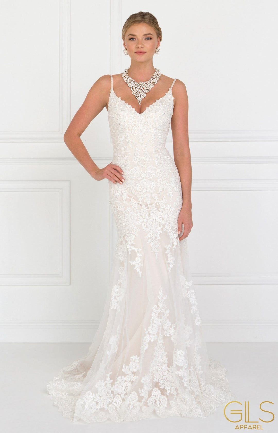 Long Lace Ivory V-Neck Wedding Dress by Elizabeth K-Long Formal Dresses-ABC Fashion