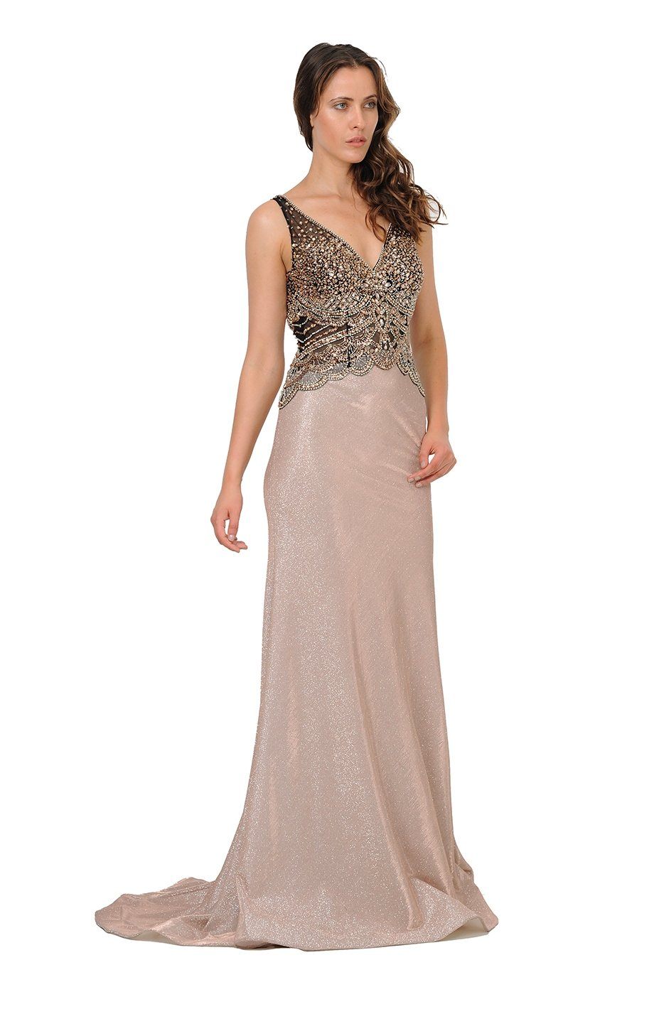Long Mauve Giltter Dress with Beaded V-Neck Bodice by Poly USA 8400-Long Formal Dresses-ABC Fashion