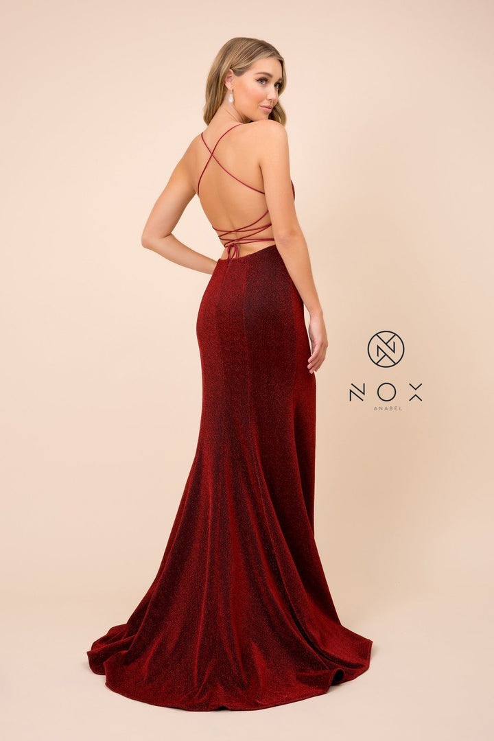 Long Metallic Dress with Corset Back by Nox Anabel R358