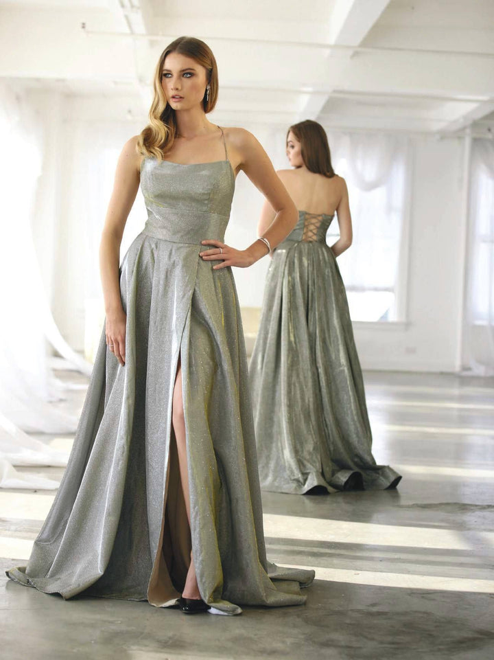 Long Metallic Dress with Corset Open Back by Nox Anabel C241