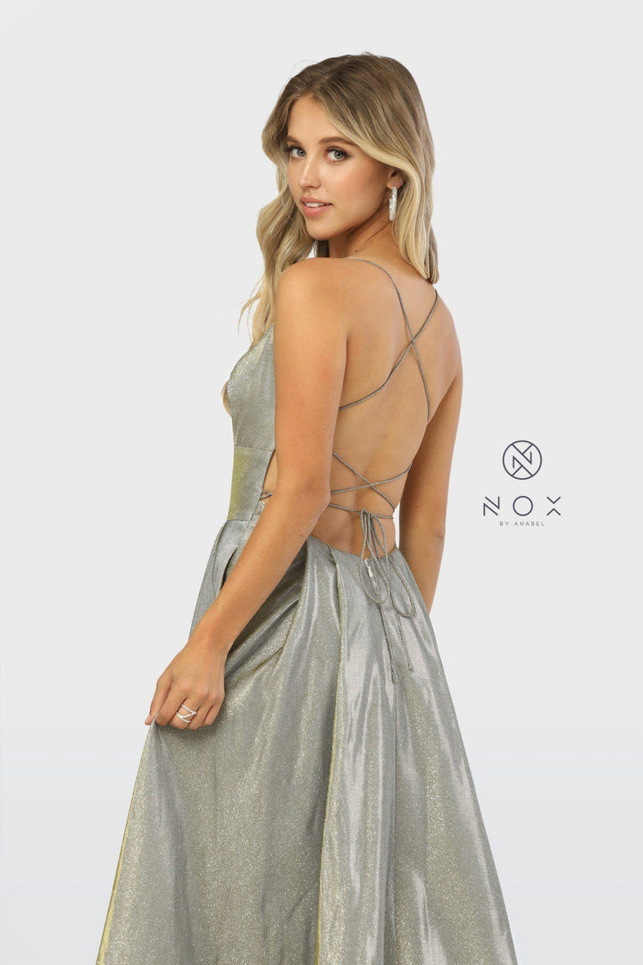 Long Metallic Dress with Corset Open Back by Nox Anabel C241