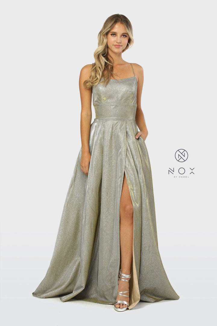 Long Metallic Dress with Corset Open Back by Nox Anabel C241