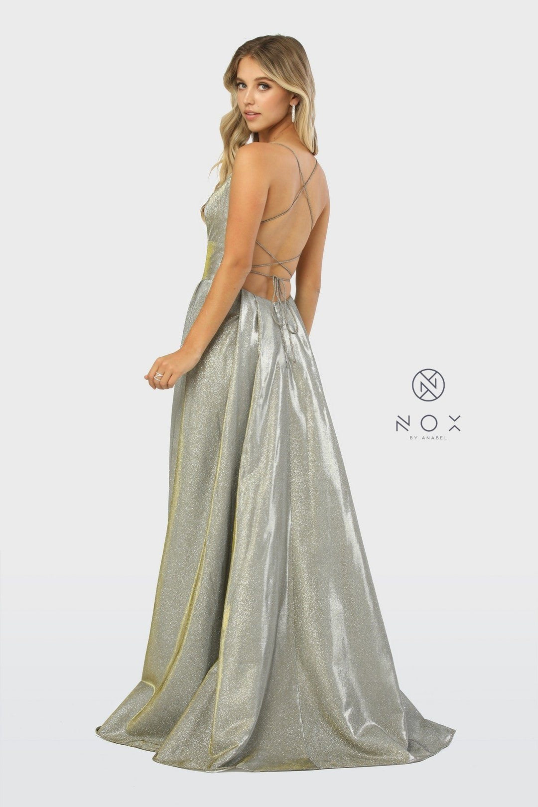 Long Metallic Dress with Corset Open Back by Nox Anabel C241