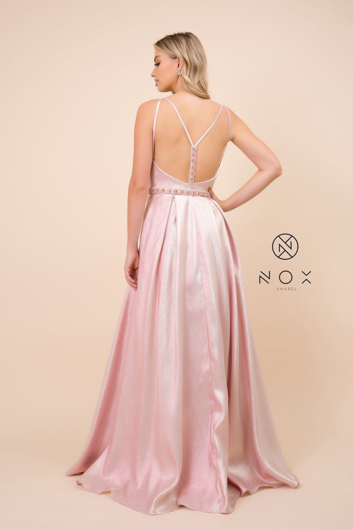 Long Metallic Dress with Illusion Neckline by Nox Anabel M271