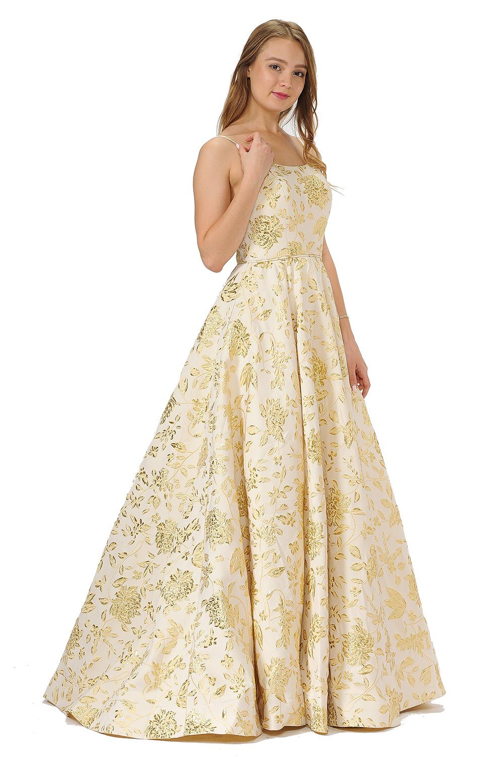 Long Metallic Floral Print Dress with Open Back by Poly USA 8480-Long Formal Dresses-ABC Fashion