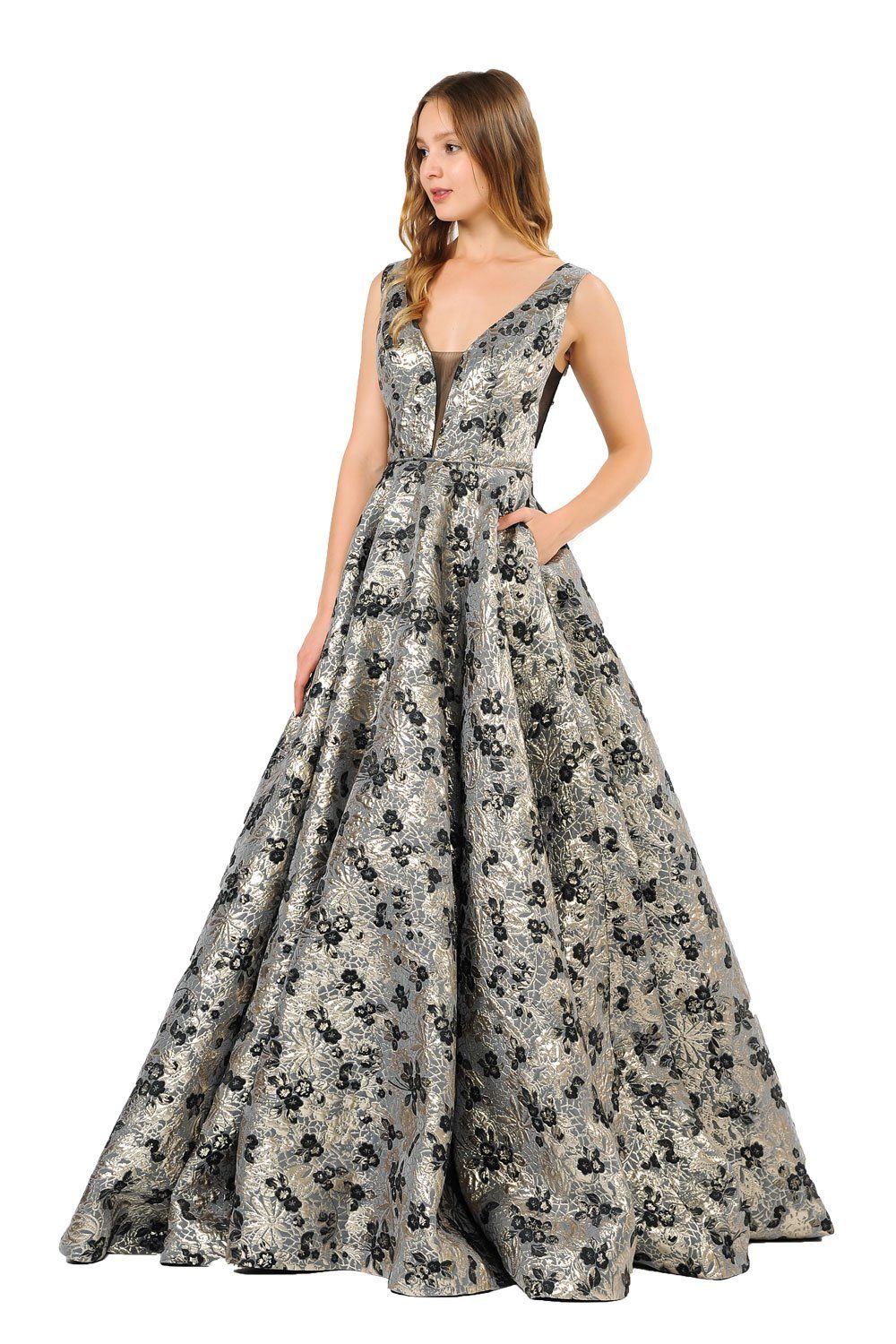 Long Metallic Floral Print Dress with Pockets by Poly USA 8474 S / Black/Gold