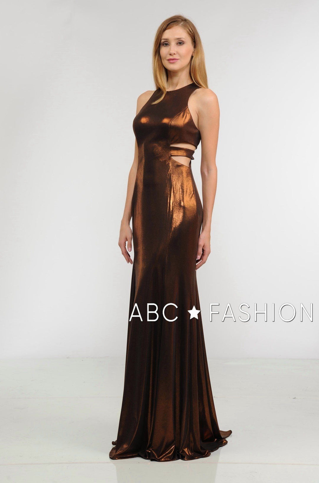 Long Metallic Foil Dress with Side Cutouts by Poly USA 8270-Long Formal Dresses-ABC Fashion