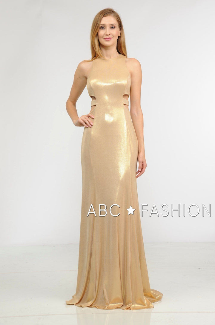 Long Metallic Foil Dress with Side Cutouts by Poly USA 8270-Long Formal Dresses-ABC Fashion