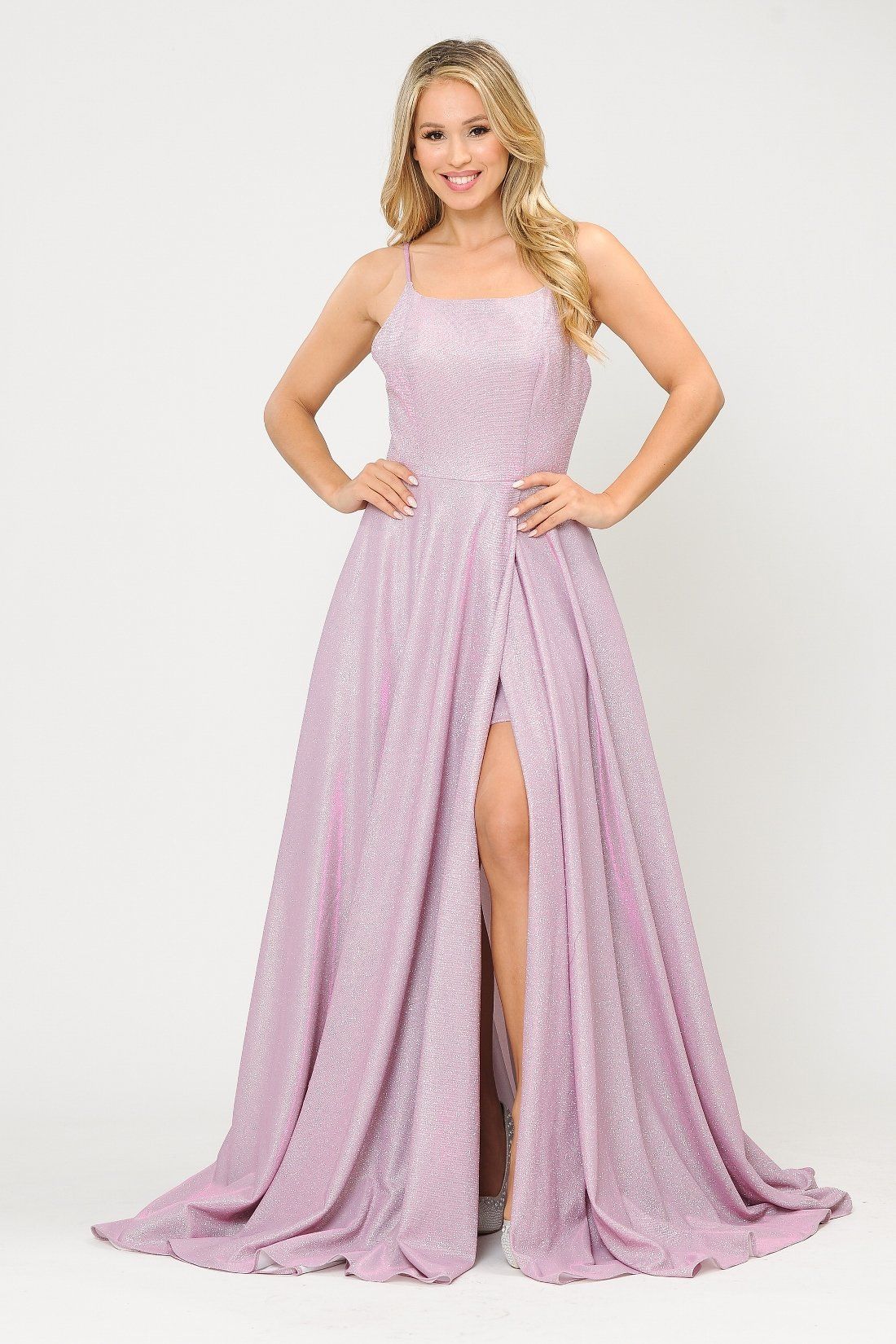 metallic shimmer prom dress Poly USA 8700 Long Metallic Glitter Dress with Short Skirt