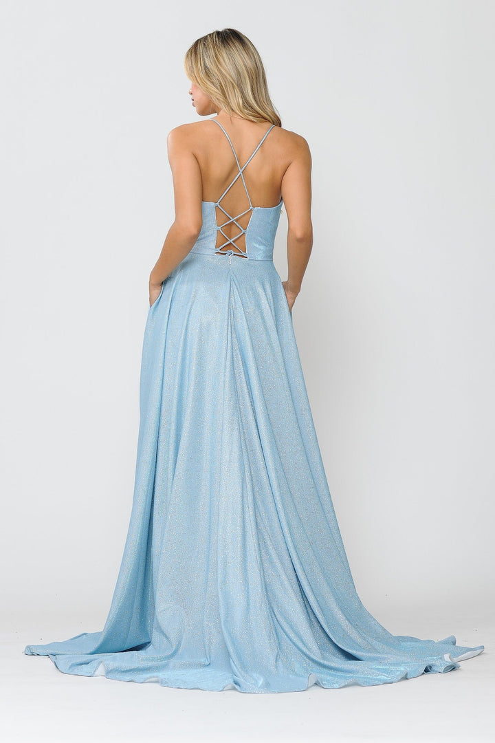 Long Metallic Glitter V-Neck Dress with Slit by Poly USA 8692