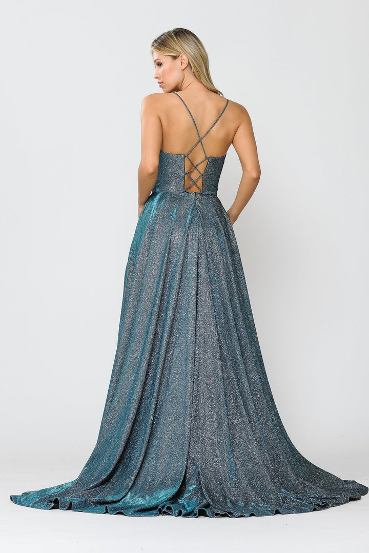 Long Metallic Glitter V-Neck Dress with Slit by Poly USA 8692