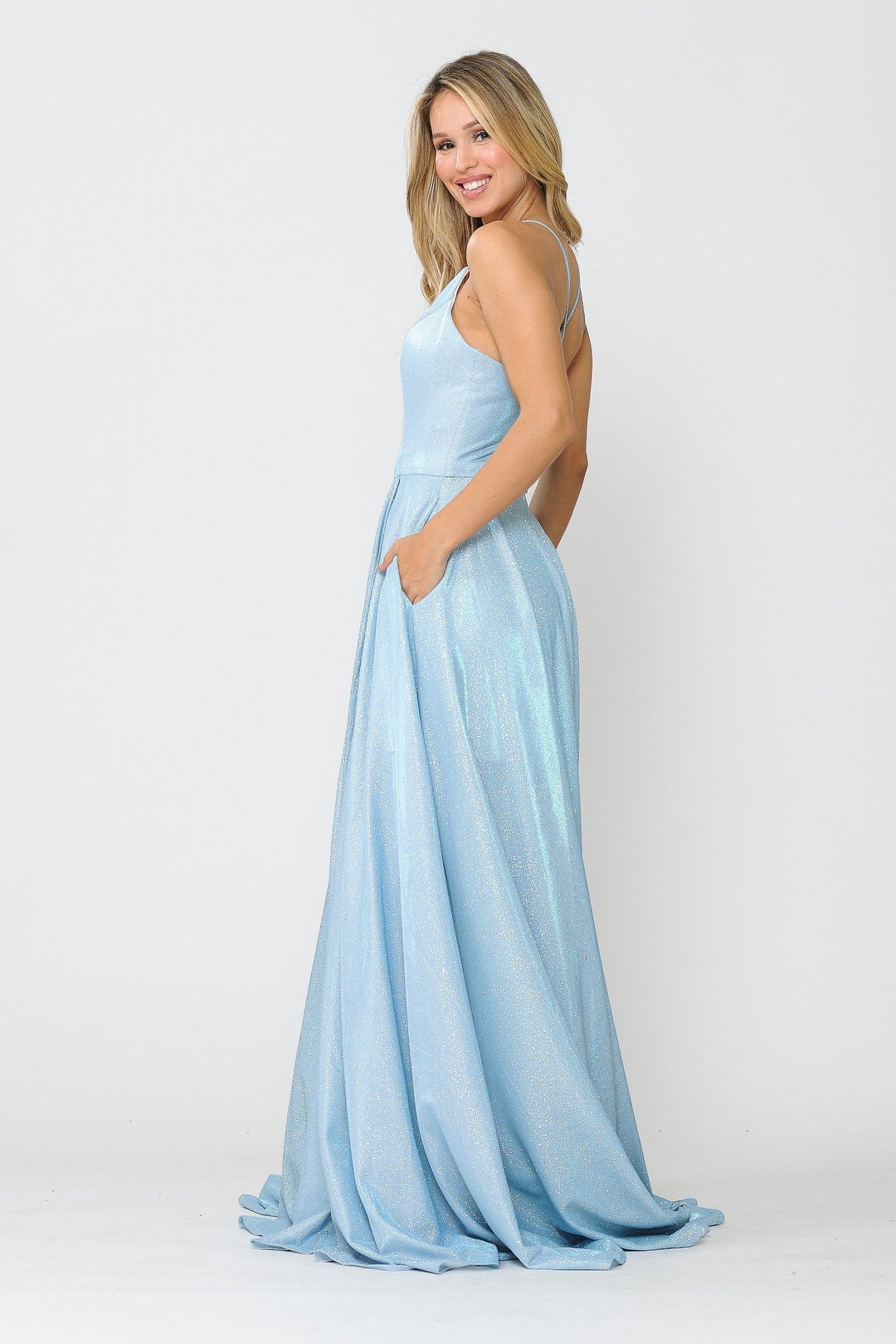 Long Metallic Glitter V-Neck Dress with Slit by Poly USA 8692