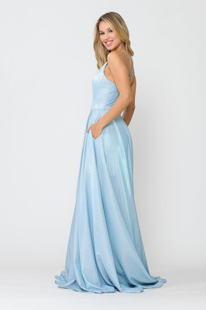 Long Metallic Glitter V-Neck Dress with Slit by Poly USA 8692