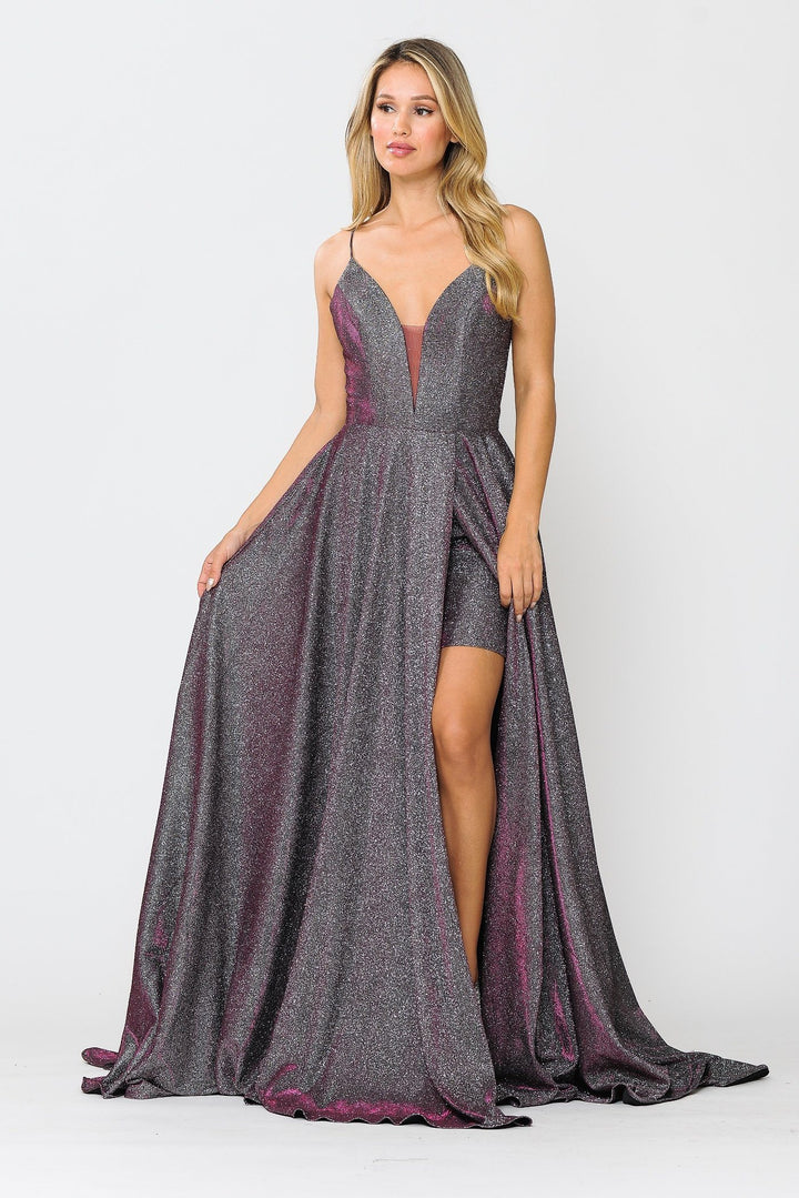 Long Metallic Glitter V-Neck Dress with Slit by Poly USA 8692
