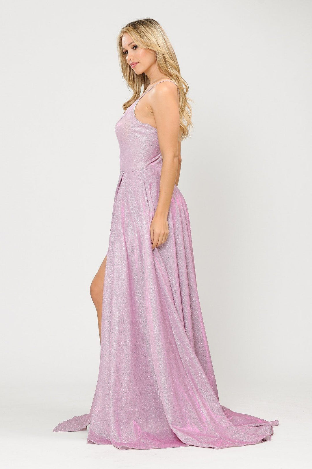 Long Metallic Glitter V-Neck Dress with Slit by Poly USA 8692