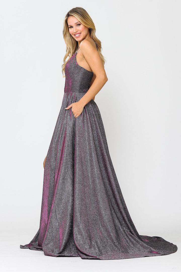 Long Metallic Glitter V-Neck Dress with Slit by Poly USA 8692
